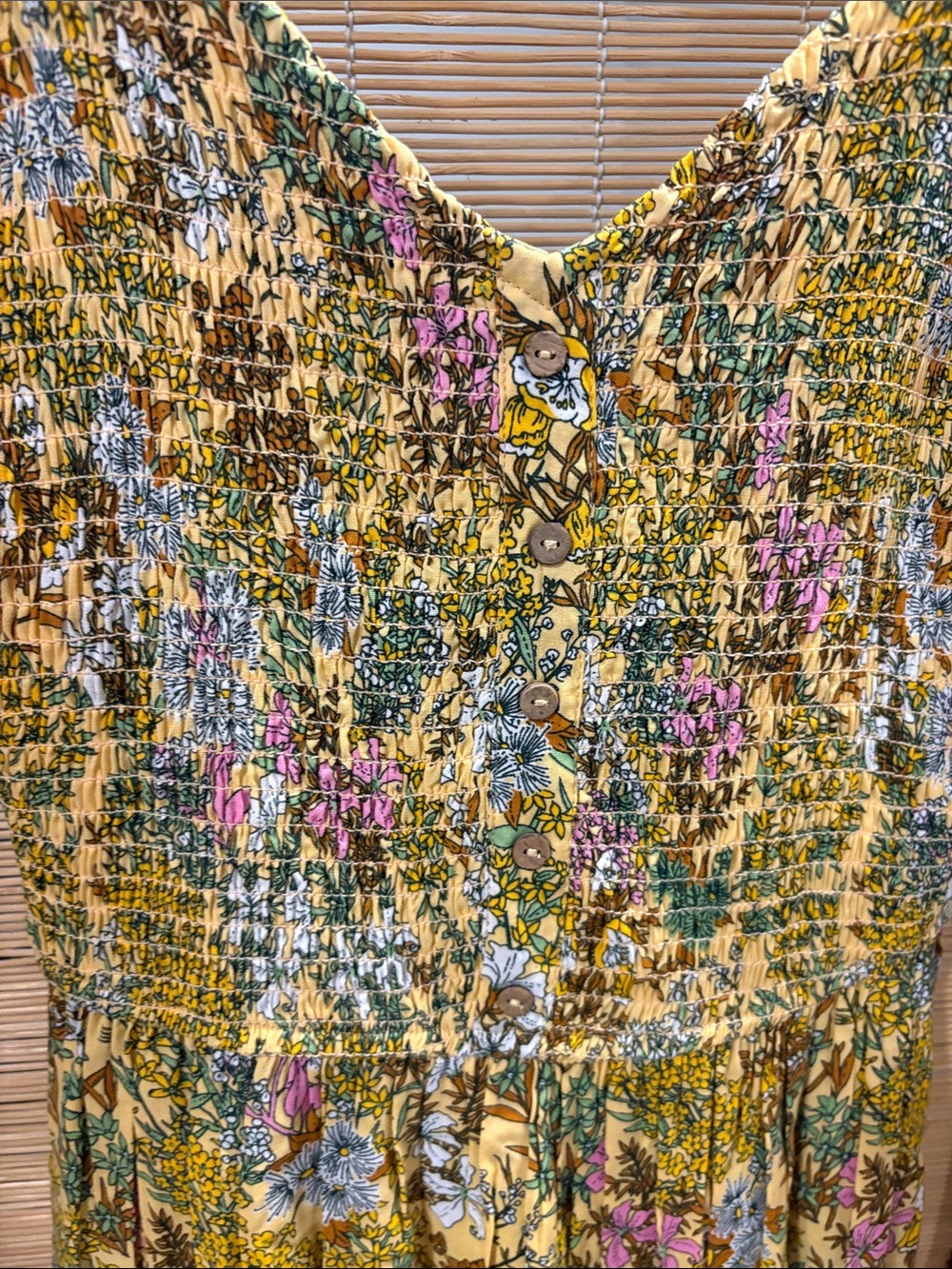 Smocked V-Neck Maxi Dress in Mustard Floral - Picture 2 of 7